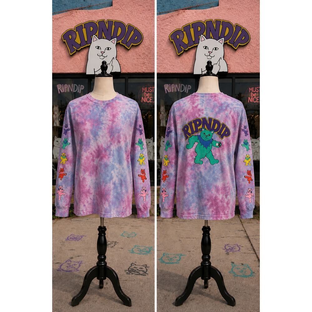 RIPNDIP Tie Dye Long Sleeve Cat Graphic Tee Shirt Medium Skate